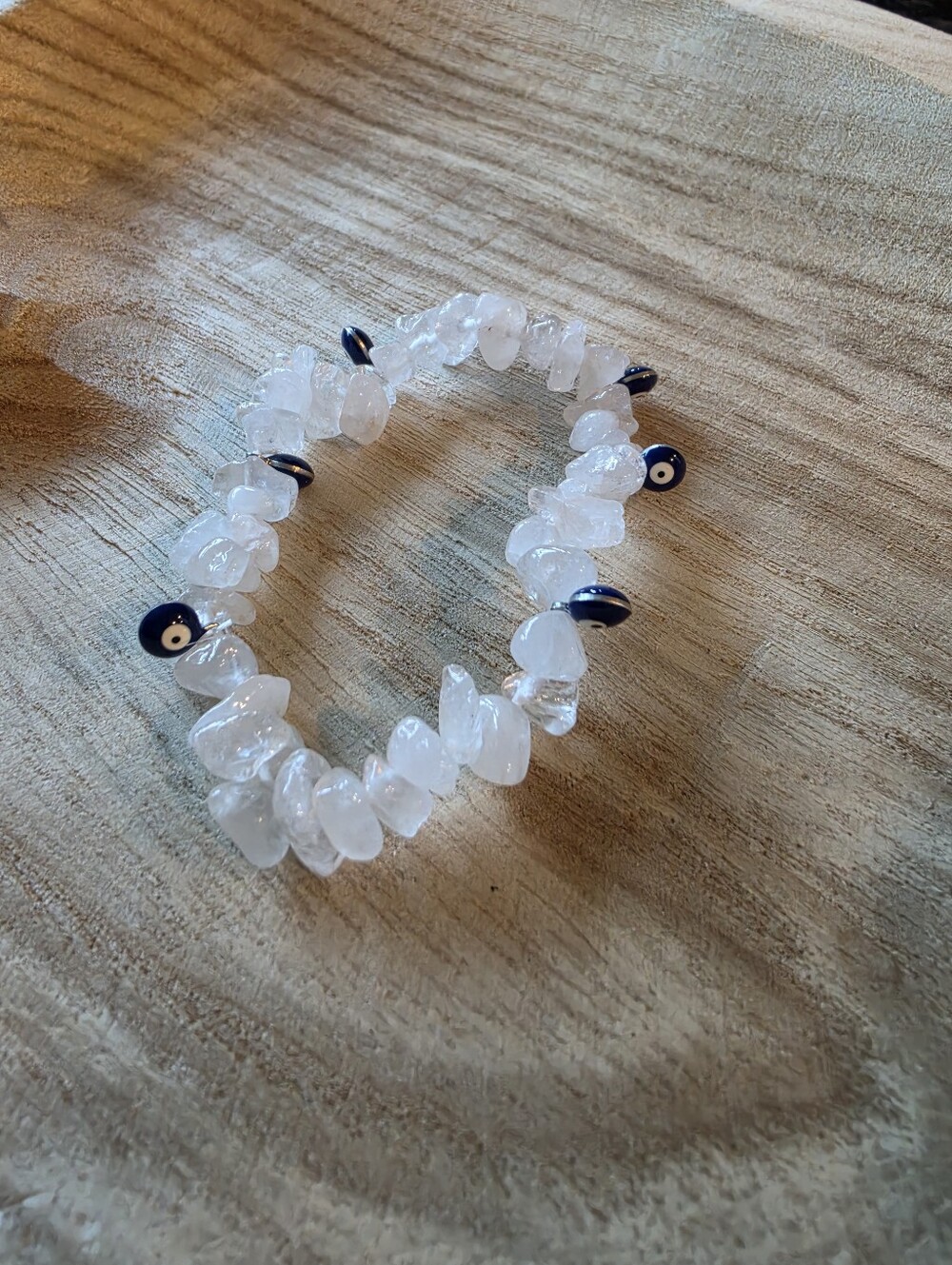 Rose Quartz Chip Bracelet with Blue Evil Eye Beads